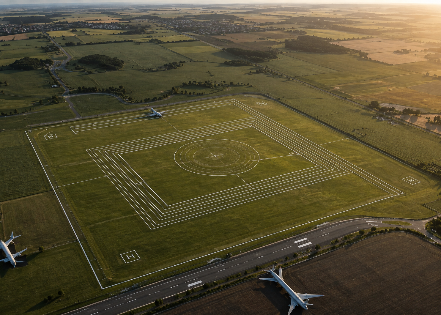 Vista aérea de aeródromo com superfícies limitadoras